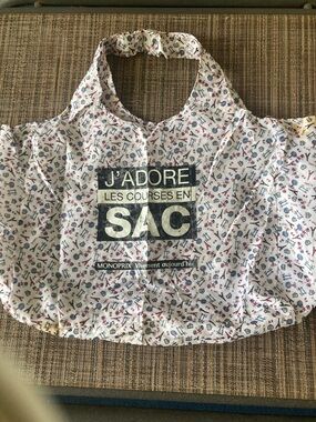 Monoprix J'ADORE SAC Reusable Shopping Tote - White with Red & Blue Print